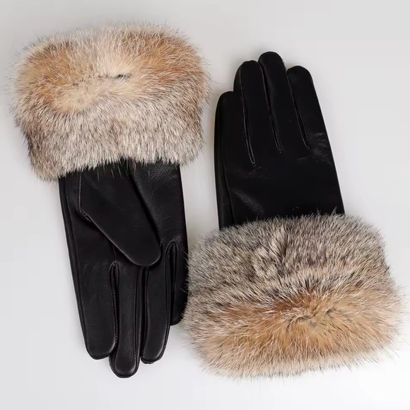 New Sheepskin Black Leather Gloves with Real Rabbit Fur Trim - Picture 5 of 5